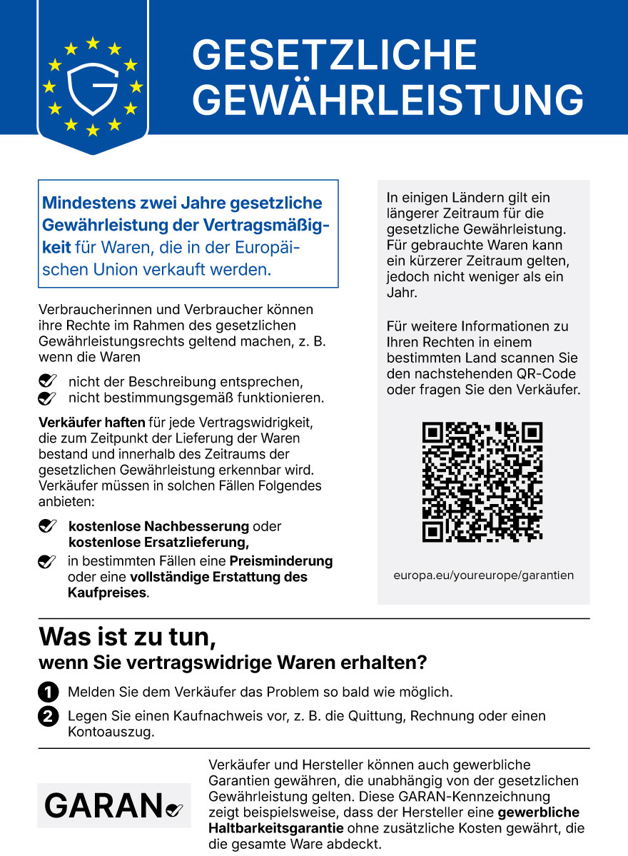 Gesetzliche Gewährleistung: EU-weit einheitlicher Hinweis