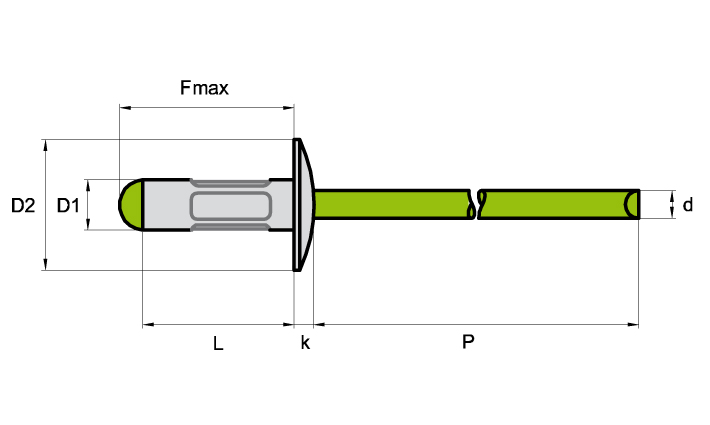 Mehrbereichs-Blindniete offen Al/A2 4,0x20,0 Großkopf K12 (Klemmbereich 11,5-16,5 mm)