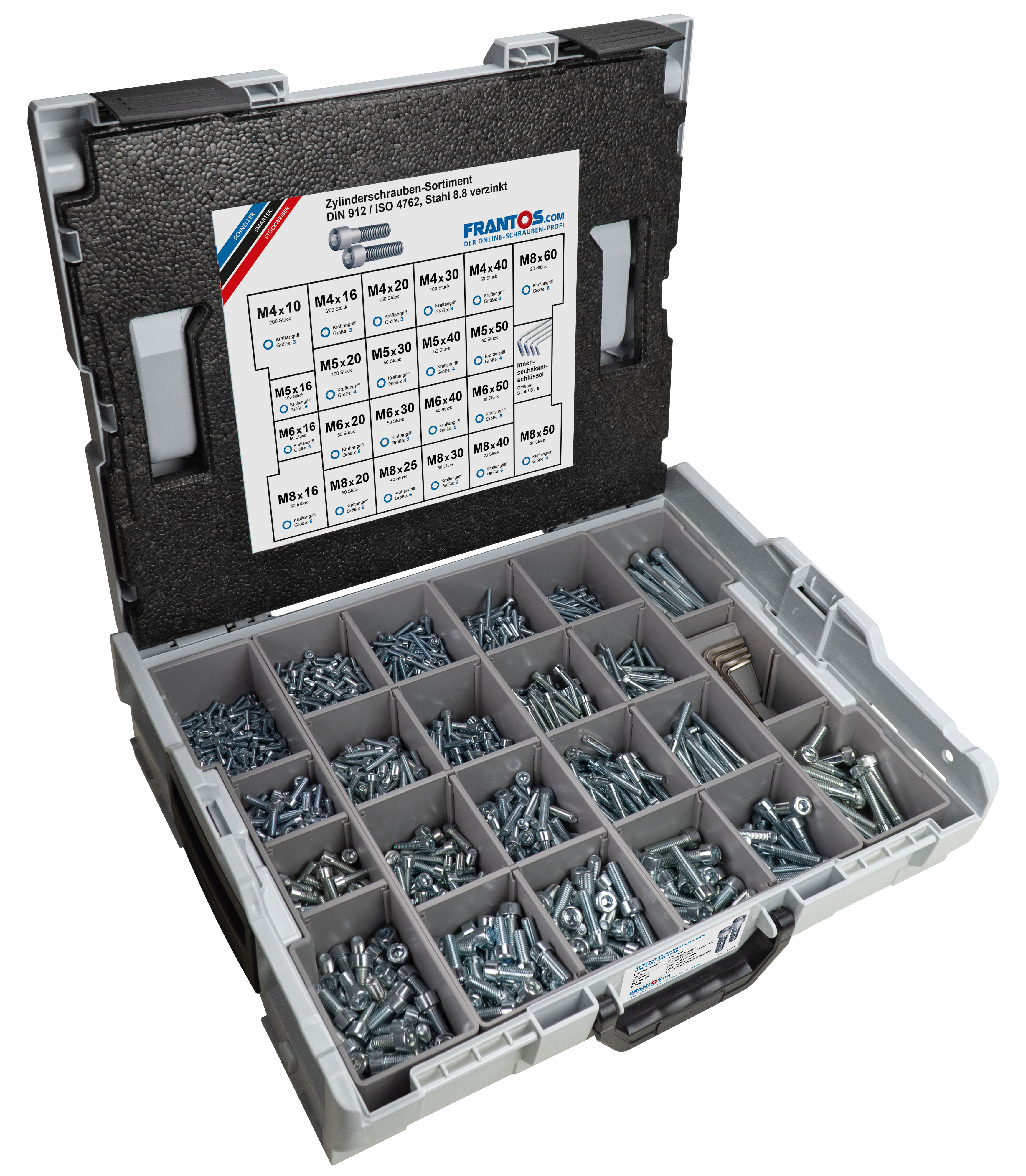Frantos L-BOXX Sortiment, DIN 912 / ISO 4762 Zylinderschrauben, Stahl 8.8,  verzinkt, inkl. Inbusschlüssel, 1504 Teile
