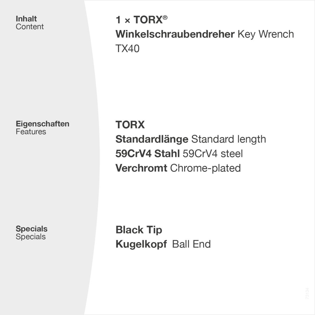 TORX® 73134 Winkelschraubendreher (Verchromt) TX40, mit Kugelkopf & Black Tip — Made in Germany