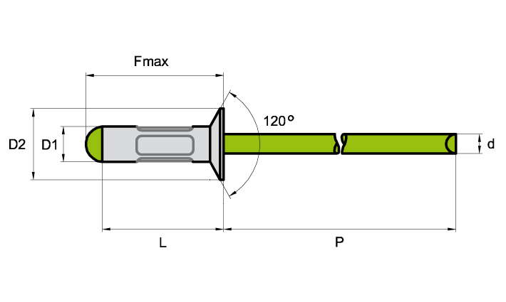 Mehrbereichs-Blindniete Senkkopf 120° offen Al/A2 4,0x12,5 (Klemmbereich 4,0 - 9,0 mm)
