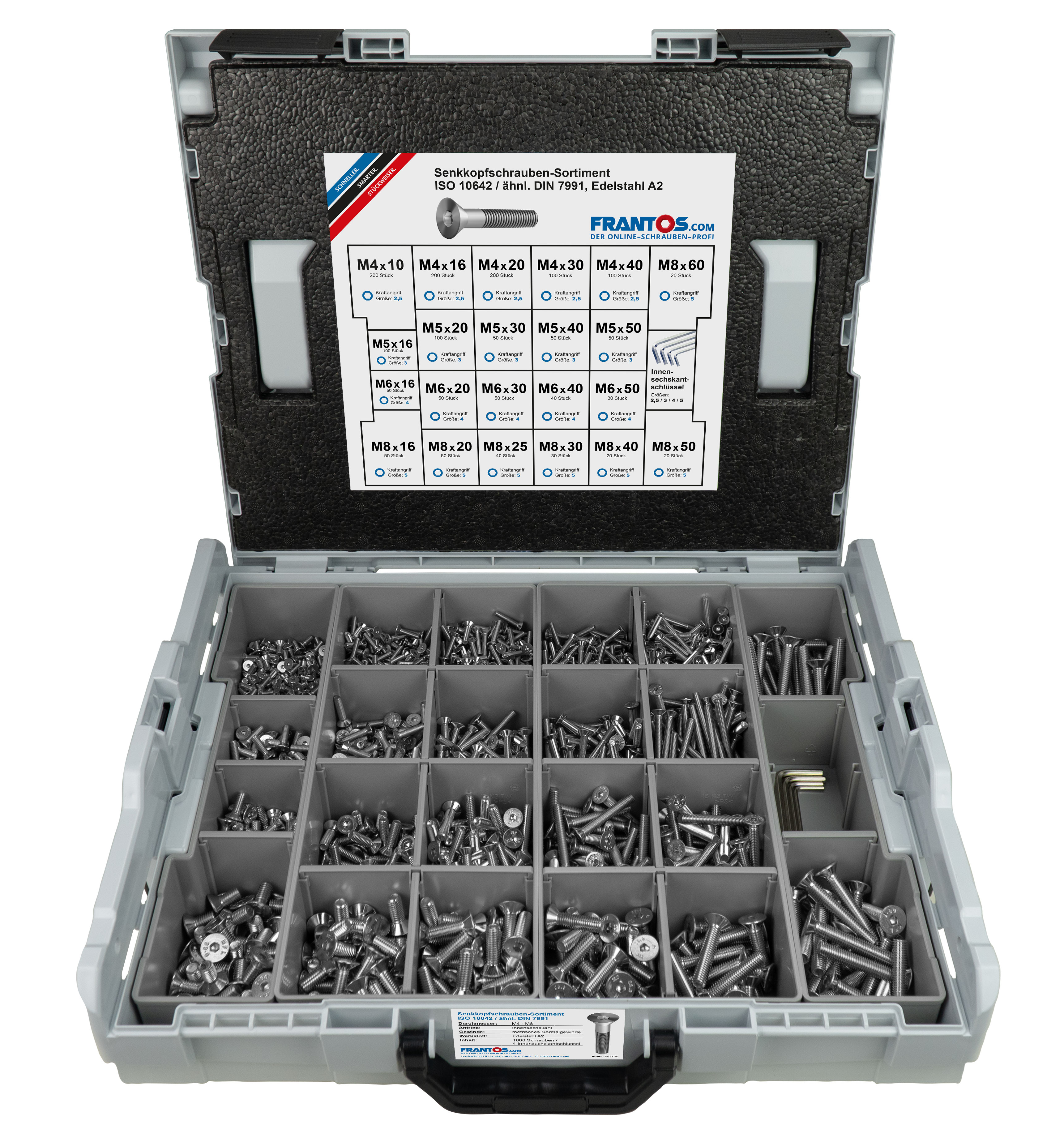 Frantos L-BOXX Sortiment, ISO10642 Senkkopfschrauben, Edelstahl A2, inkl.  Inbusschlüssel, 1604 Teile