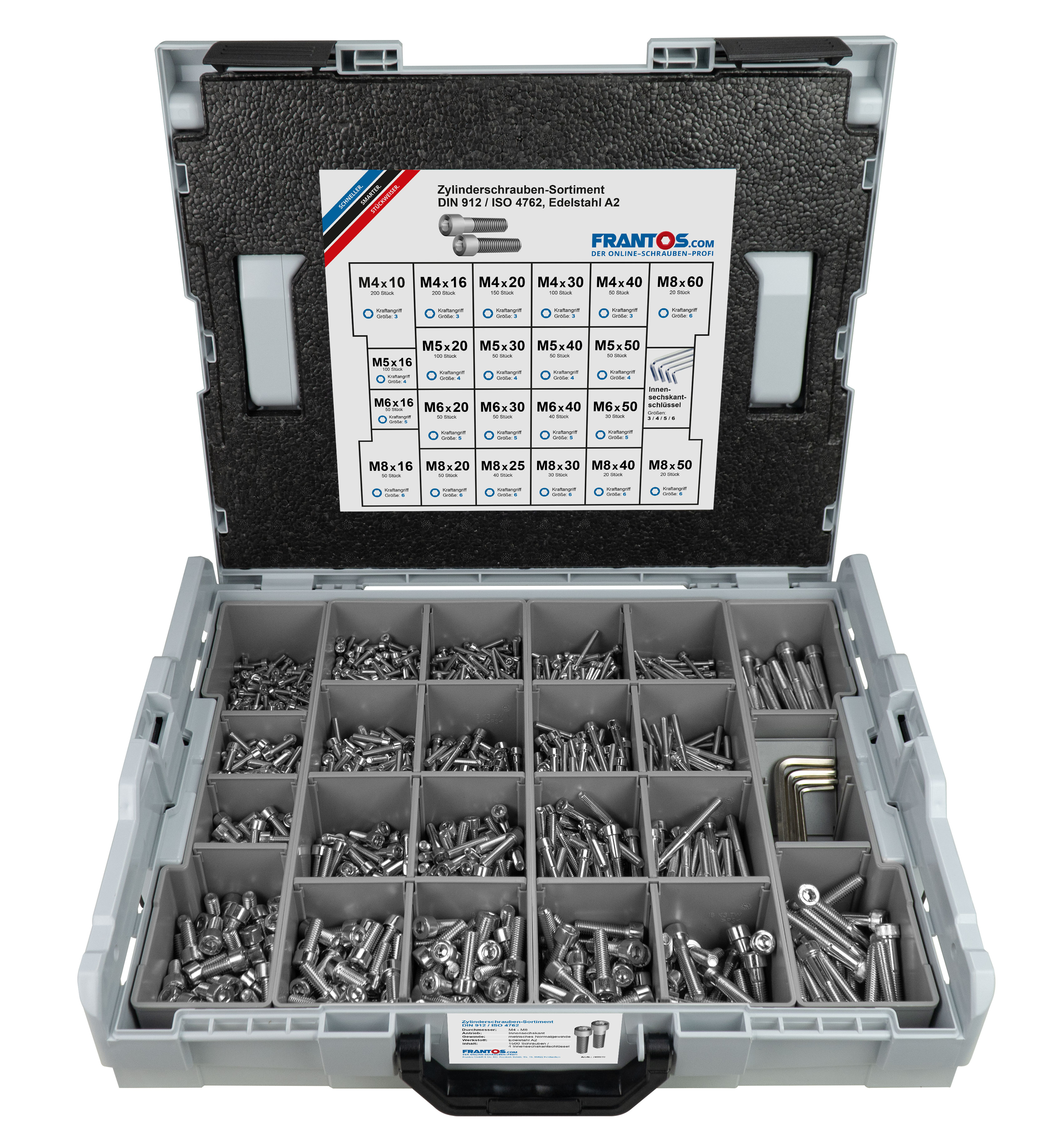 Frantos L-BOXX Sortiment, DIN 912 / ISO 4762 Zylinderschrauben, Edelstahl  A2, inkl. Inbusschlüssel, 1504 Teile